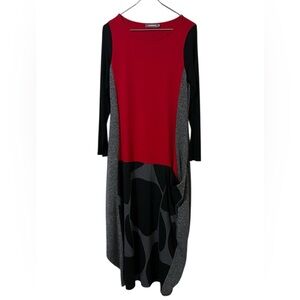 Alembika red black gray colorblock long sleeve cocoon maxi dress Made in Israel